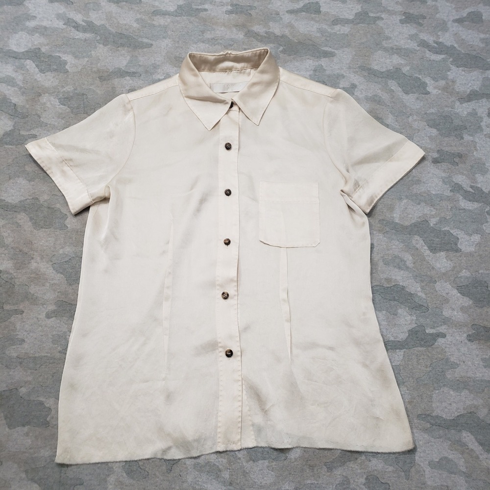 Lanvin Top Womens 40 Beige Short Sleeve Button-Up Silky France Minimalist